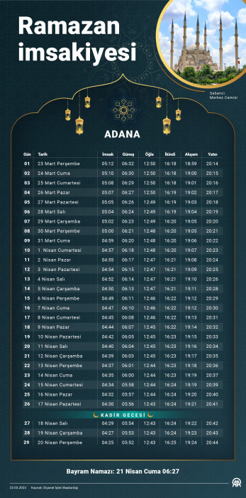 Adana iftar ve sahur saatleri