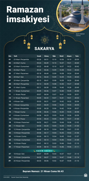 Sakarya iftar ve sahur saatleri